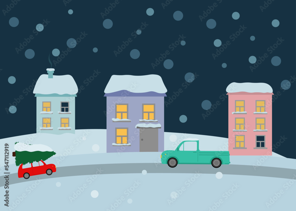 simple vector illustration Christmas house and car with tree