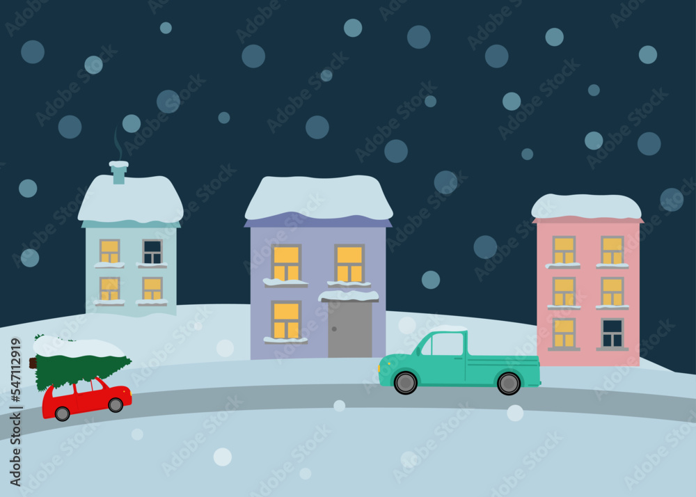 simple vector illustration Christmas house and car with tree simple vector illustration Christmas house and car with tree