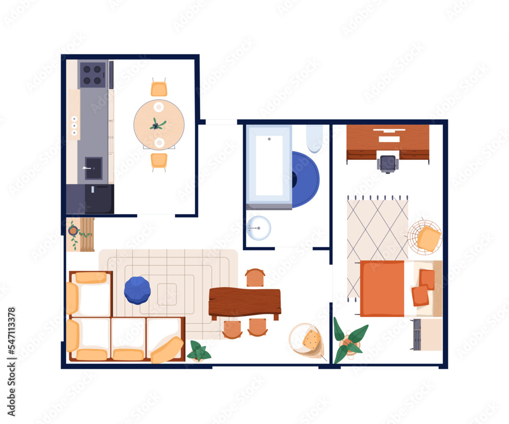Interior design top view. Apartment floor plan overhead. Home floorplan layout with furniture. House with kitchen, bathroom, bedroom, living room. Flat vector illustration isolated on white background Interior design top view. Apartment floor plan overhead. Home floorplan layout with furniture. House with kitchen, bathroom, bedroom, living room. Flat vector illustration isolated on white background