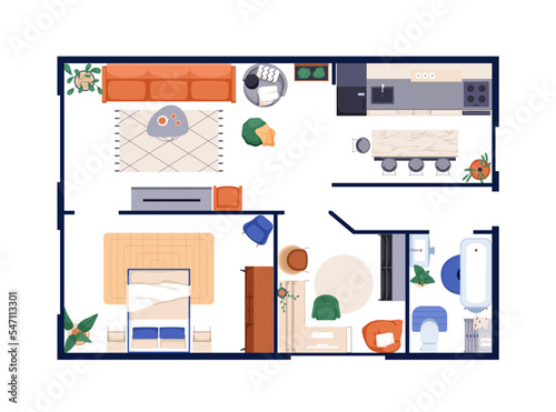 Apartment floor plan, top view. Home interior design overhead with rooms, furniture from above. House floorplan with kitchen, bathroom, bedroom. Flat vector illustration isolated on white background