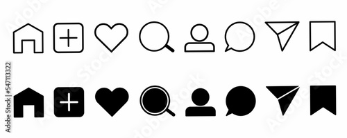 Social media interface buttons, icons. comment, dm, saved, profile, home, search, story,post isolated on white background. vector illustration
