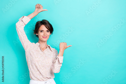 Fotobehang Photo of funny bob hairdo millennial lady indicate promo wear white shirt isolat