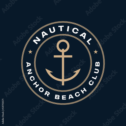 Vector circular nautical symbol formed by a tangled rope and an anchor in the middle. Blue background.
