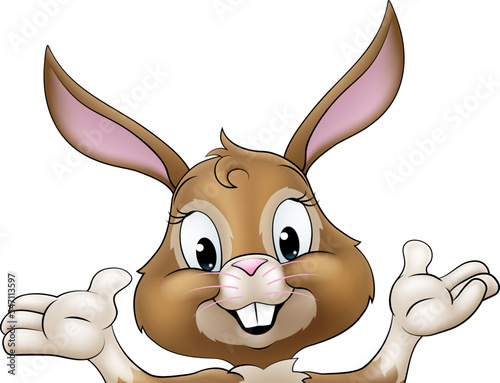 An Easter bunny rabbit cartoon character peeking around a sign photo