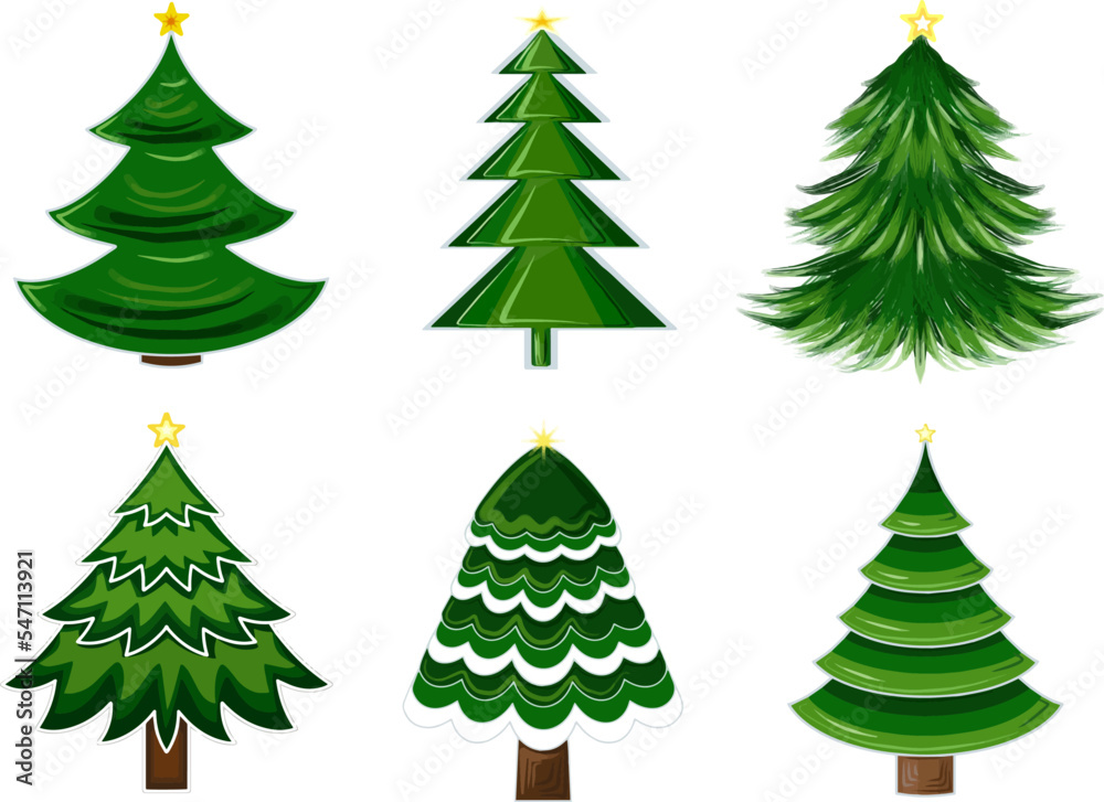 Set of green Christmas tree with yellow star. Clipart EPS  Vector illustration with transparent background. 
 Design template, for stickers, creating patterns,
 wrapping paper, for fabric, clothing.