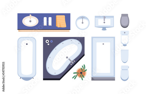 Bathroom furniture top view. Bathtub, washbasin, flush toilet, plant overhead. Bath tub facilities, equipment for restroom, wash room interior. Flat vector illustrations isolated on white background