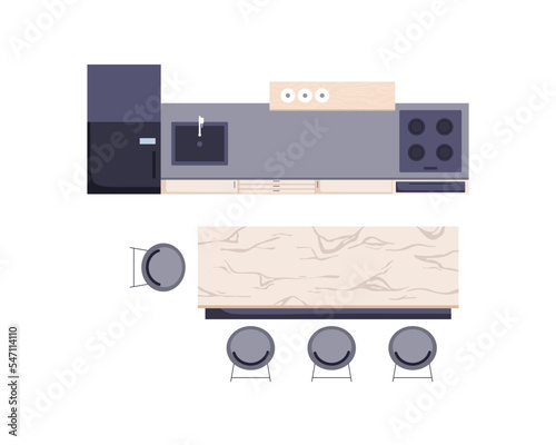 Kitchen set and island top view. Furniture in room overhead, dining table, chairs, cooker, countertop, fridge. Interior design plan, project. Flat vector illustration isolated on white background