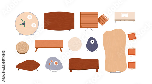 Wood tables designs, above top view. Modern trendy dining furniture, desks, chairs overhead, different round and irregular shapes, sizes. Flat vector illustrations isolated on white background