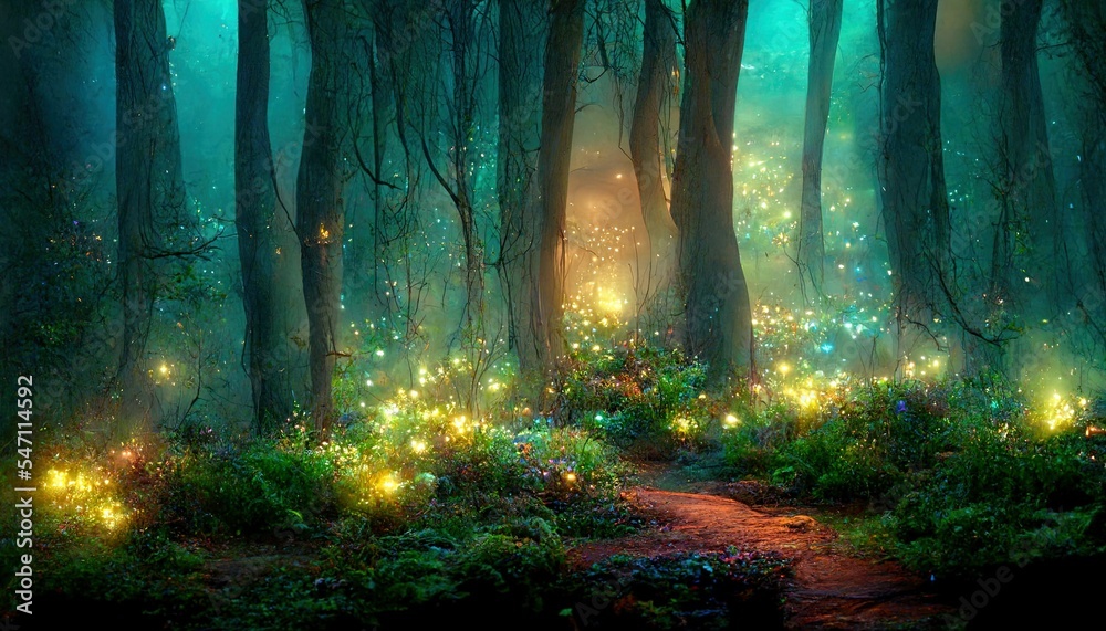 Fototapeta Mystical magical forest at night with glowing lights