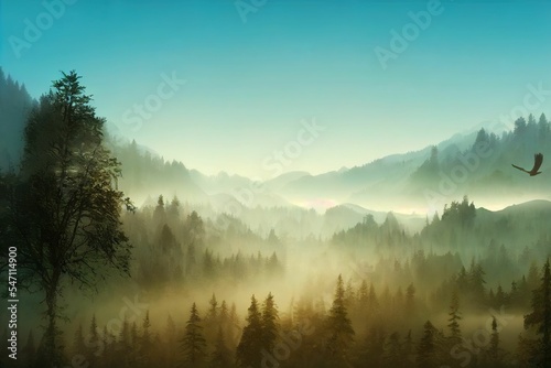 Mountain landscape with lake, snowy peaks, green grass on rocks and trees © DNY3D