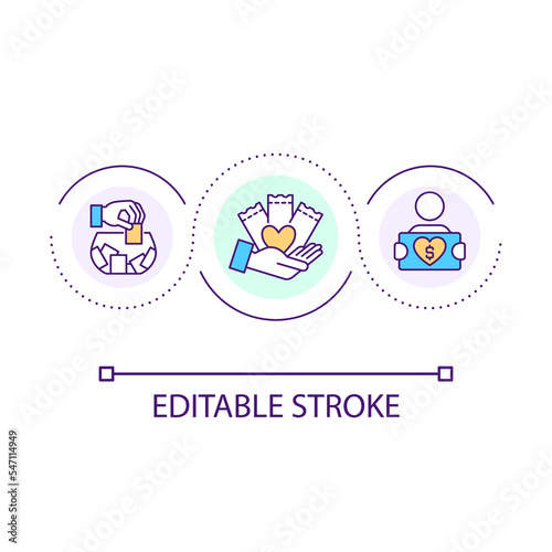 Charity lottery loop concept icon. Way to attract new clients. Fundraising campaign with added bonus abstract idea thin line illustration. Isolated outline drawing. Editable stroke. Arial font used
