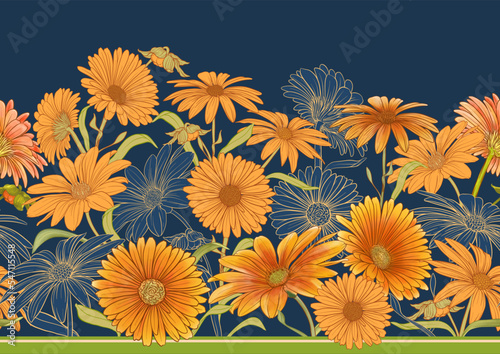 Calendula medicinal herbs and flowers seamless pattern, background. Vector illustration.
