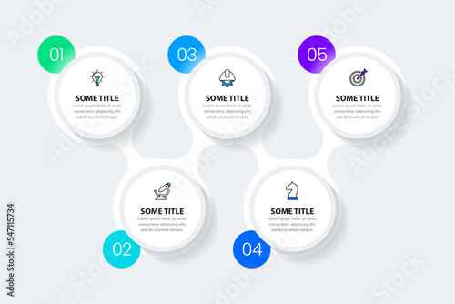 Infographic template. 5 connected circles with text and icons