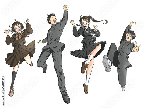 ジャンプする男女の学生　冬服　