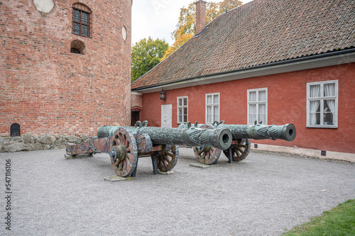 View of famous Swedish 16 th century cannon at Gripsholm castle located in Mariefred Sodermanland Sweden