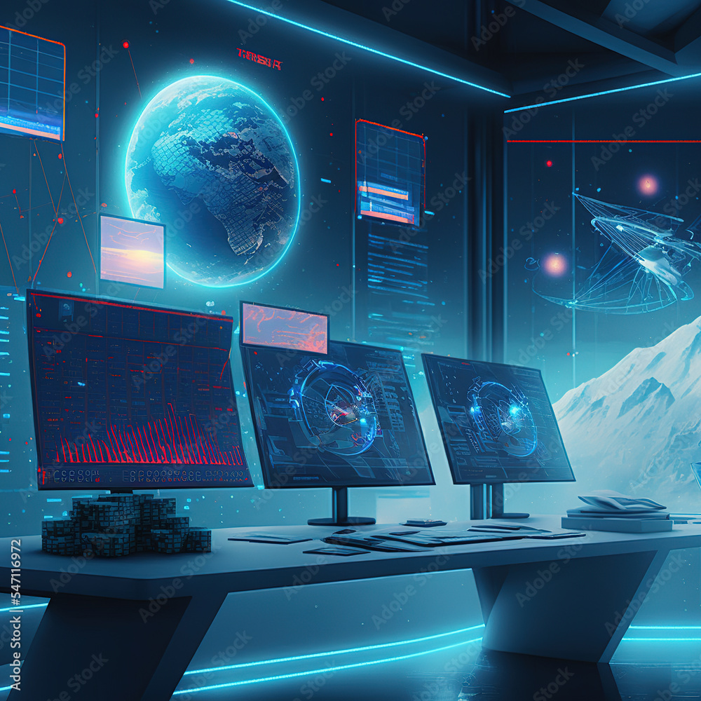 Fototapeta premium computer and technology, multiple workstations showing financial graphs