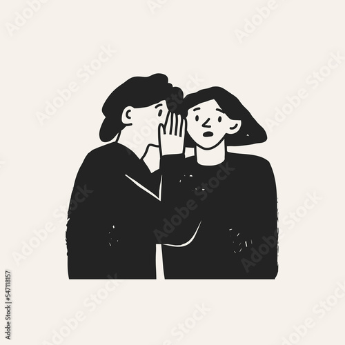 Young man whispering secrets into girl's ear. Confused young lady. Talking something to other person, gossip, rumor, secret concept. Hand drawn Vector illustration. Cartoon style. Cute characters
