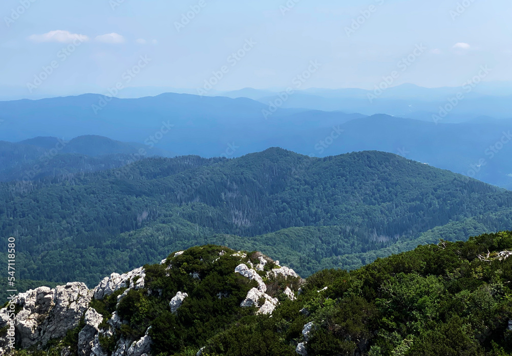 View of distant hills and mountain forests of Gorski Kotar from Risnjak National Park, Croatia (Pogled na udaljene brijegove i planinske šume Gorskog kotara iz nacionalnog parka Risnjak - Gorski kotar