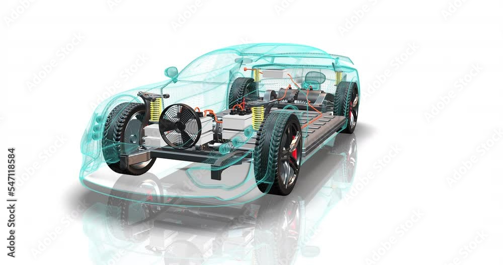 Modern generic electric vehicle chassis with wireframe body. All parts are visible. Futuristic technology 4k 3d concept animation.