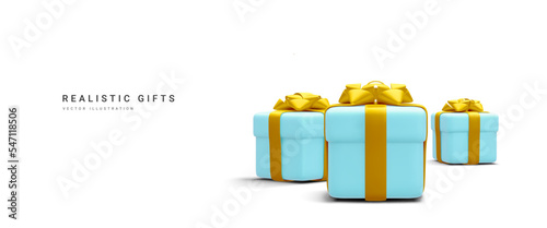 3d realistic pile blue gifts boxes with gold ribbon. Decorative festive objects. New Year and Christmas design banner. Vector illustration