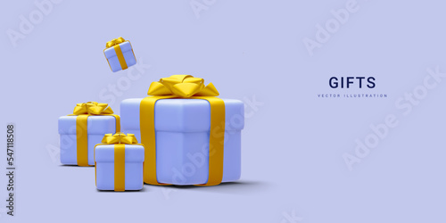 3d realistic pile blue gifts boxes with gold ribbon. Decorative festive objects. New Year and Christmas design banner. Vector illustration