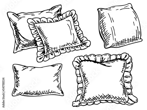 Cushion sketch. Home bedroom pillows. Cozy hand drawn feather bedding lay in stack. Interior comfortable sketch elements. Vector