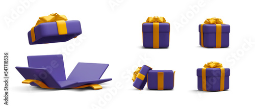 Set of 3d realistic gift boxes with gold ribbon isolated on white background. Surprise boxes. Vector illustration