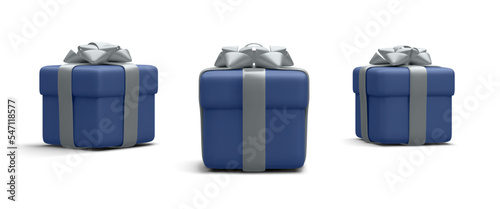 Set of 3d realistic blue gift boxes with silver ribbon isolated on white background. Surprise boxes. Vector illustration