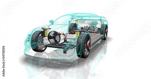 Modern generic electric vehicle chassis with wireframe body. All parts are visible. Futuristic technology 4k 3d concept animation. photo