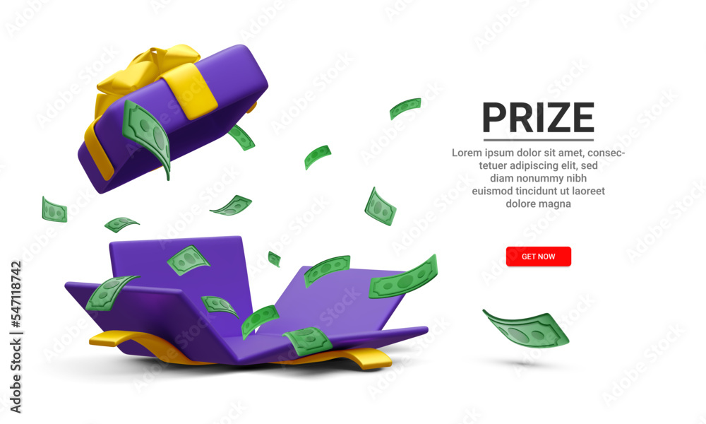 3d realistic gambling game concept with box and money explosion out. Open gift box with paper currency on white background. Win prizes.  Vector illustration