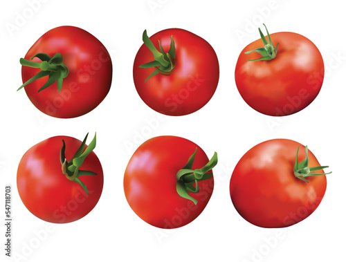 Tomatoes set isolated on white background. Red fresh tomatoes with green stems, top view, side view. Print, template, design element for packaging Red tomato in a realistic style