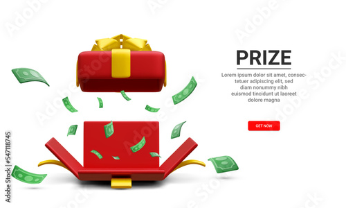 3d realistic gambling game concept with box and money explosion out. Open gift box with paper currency on white background. Win prizes.  Vector illustration