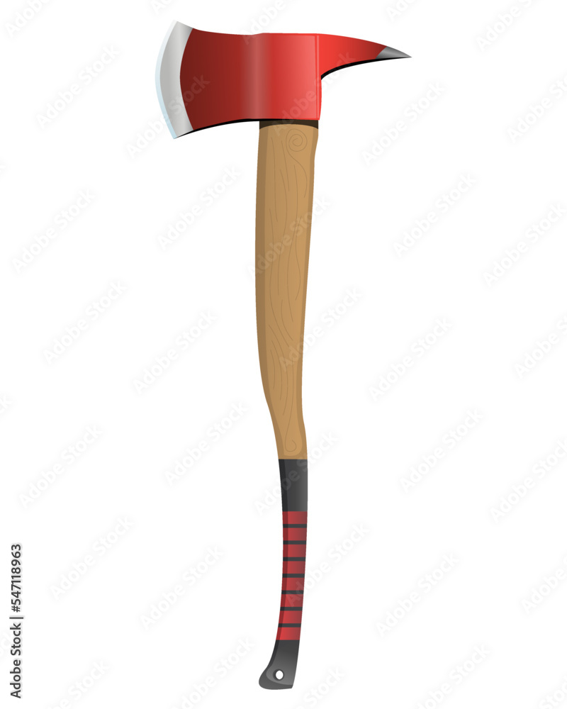 Firefighter axe in realistic style. Red Hatchet. Red fire ax firefighter rescue equipment. Metal woodcutter with handle made of wood. Colorful vector illustration on a white background. Firefighter axe in realistic style. Red Hatchet. Red fire ax firefighter rescue equipment. Metal woodcutter with handle made of wood. Colorful vector illustration on a white background.