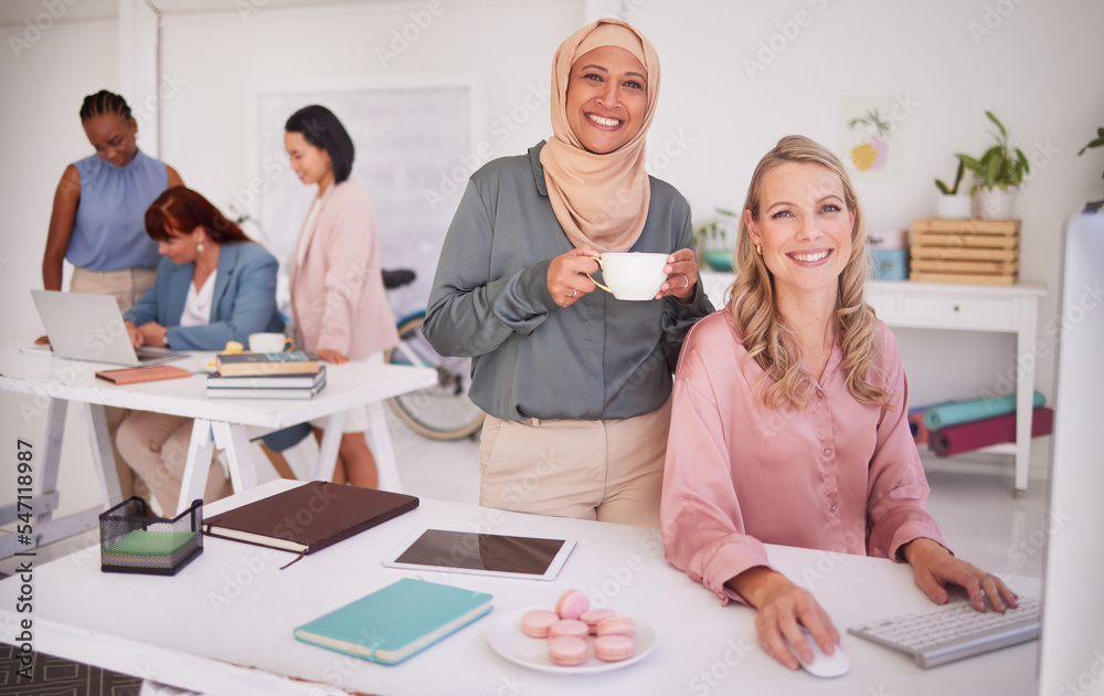 Fototapeta premium Business diversity, creative collaboration and women office employees working together on digital marketing, design and advertising project. Startup design leadership, Muslim woman and a happy smile