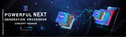 Technological background with powerful processor. New generation processor with large number cores. New generation chipset. Digital chip for computer. Digital computer technologies and communications