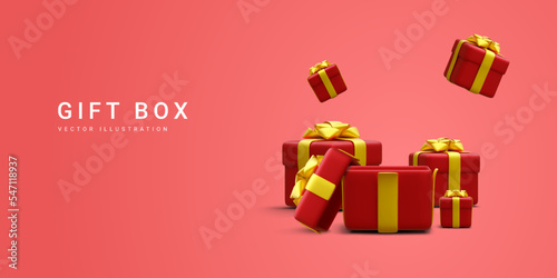 3d realistic pile red gifts boxes with gold ribbon. Decorative festive objects. New Year and Christmas design banner. Vector illustration