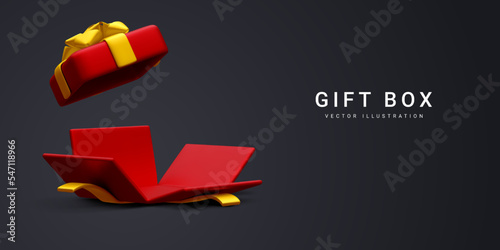 3d realistic open gift box isolated on dark background. Win Prizes concept. Vector Illustration