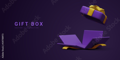 3d realistic open gift box isolated on dark background. Win Prizes concept. Vector Illustration