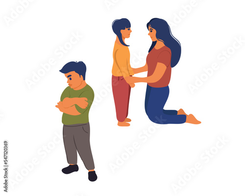 Mom brings up a son and a daughter. Children's conflict. Flat vector illustration