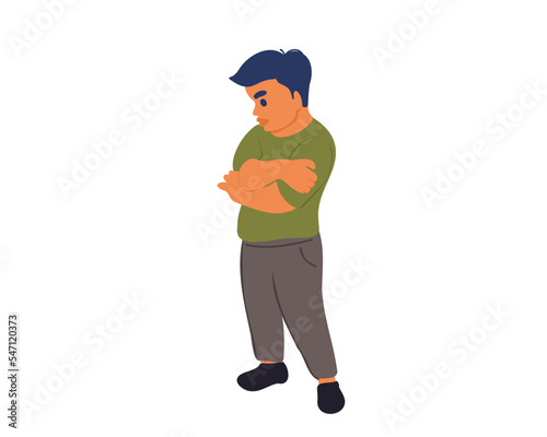 Sad or offended boy folded his arms. Flat vector illustration