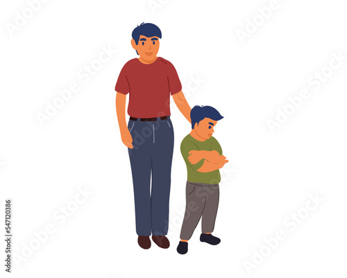 Dad stands with a sad or offended son. Paternity. Parenting. Flat vector illustration