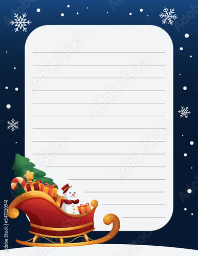 Letter template for letters to Santa Claus with sleigh and snow on dark blue background
