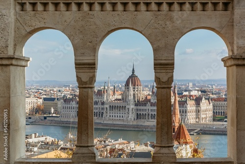 Photography Cityscape of Budapest and Hungarian parliament on bank of Danube river