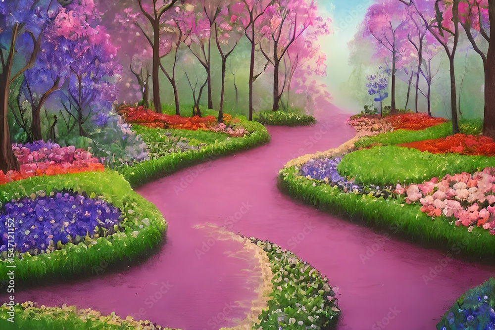 Enchanted garden. A magical garden with a path, flowers, trees , Fantasy world. Idyllic tranquil morning