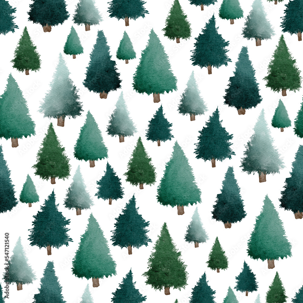 Green Christmas trees watercolour painting seamless pattern design illustration on white background