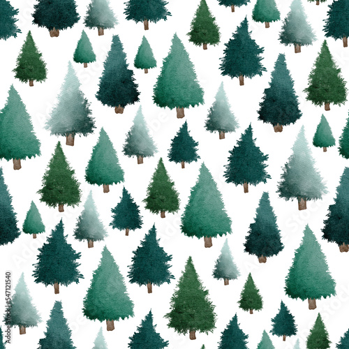 Green Christmas trees watercolour painting seamless pattern design illustration on white background © Elisabeth Cölfen