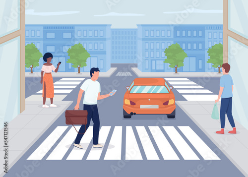 Pedestrians on city street flat color vector illustration. Daily citizens life. Crossroad in large town. Urban landscape. Fully editable 2D simple cartoon characters with cityscape on background