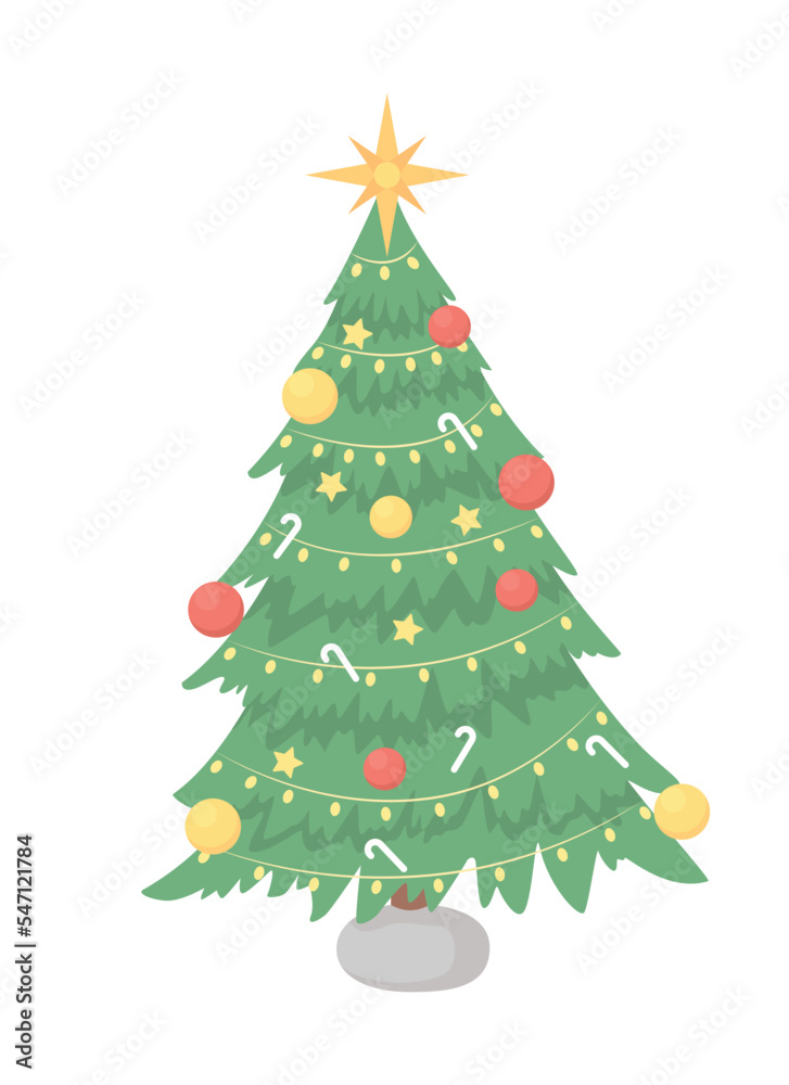 Christmas tree with star topper semi flat color vector object. Editable element. Full sized item on white. Festive decorating simple cartoon style illustration for web graphic design and animation