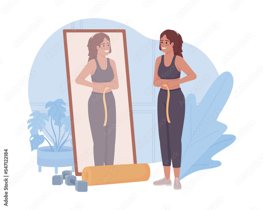 Weight loss with exercising 2D vector isolated illustration. Woman measuring waist flat character on cartoon background. Sport colourful editable scene for mobile, website, presentation