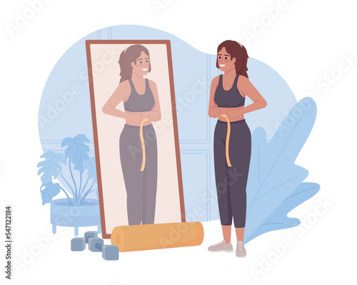 Weight loss with exercising 2D vector isolated illustration. Woman measuring waist flat character on cartoon background. Sport colourful editable scene for mobile, website, presentation